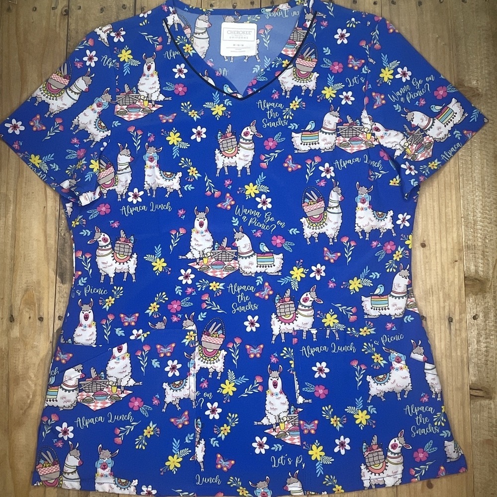 Cherokee Alpaca Animal Vet Scrub Top Womens Medium Blue Nurse Medical Uniform